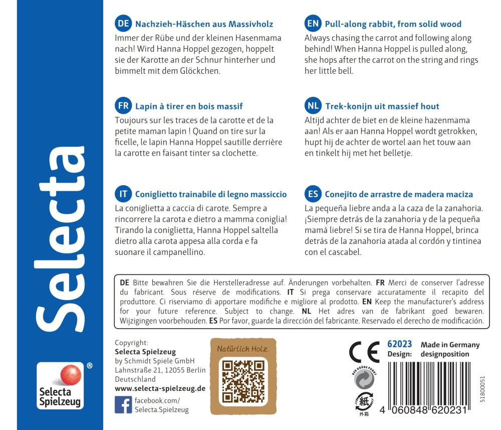 62023_nachzieh-hase-holz-spielzeug-p-bottom Produktverpackung mit mehrsprachiger Gebrauchsanweisung für das Selecta Spielzeug „Holz-Ziehtier Hase“.