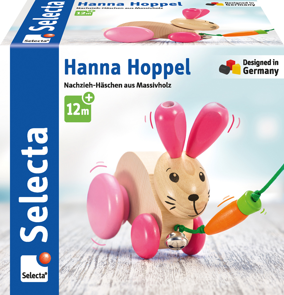 62026_Nico_FS33_042022-RZ Kopie Entzückendes Holz-Nachziehtier „Hase“ mit rosa Ohren und Rädern, das eine Möhre in der Hand hält; ideal für Kinder ab 12 Monaten.