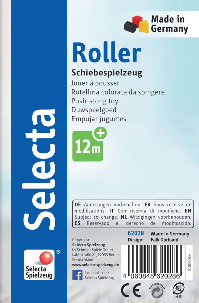 62028_roller-holz-spielzeug-p-front Verpackung für ein „Selecta Spielzeug“ Holz-Schiebefigur-Rollspielzeug zum Schieben, ab 12 Monaten, mit bunten Holzperlen.
