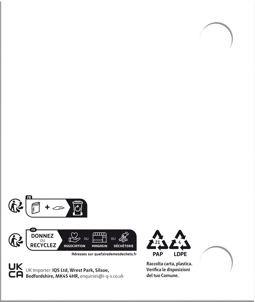 Französische Recycling-Anleitung mit Symbolen für Papier, Plastik und einer Holz-Schiebefigur Reiter Pferd Entsorgungsanleitung.