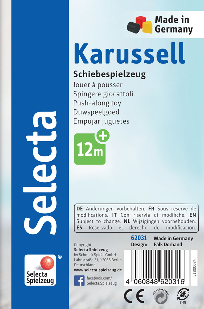62031_karussell-holz-spielzeug-front-p „Holz-Schiebefigur Karussell“ von Selecta – bunter Schiebespaß für Kinder ab 12 Monaten.