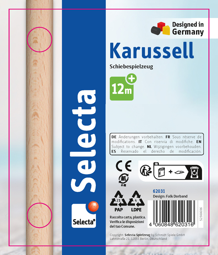 62031_karussell-holz-spielzeug-side-p Spielzeugverpackung mit der Aufschrift „Karussell“ von Selecta, auf der eine Holz-Schiebefigur und die deutsche Flagge sowie Recycling-Symbole abgebildet sind.