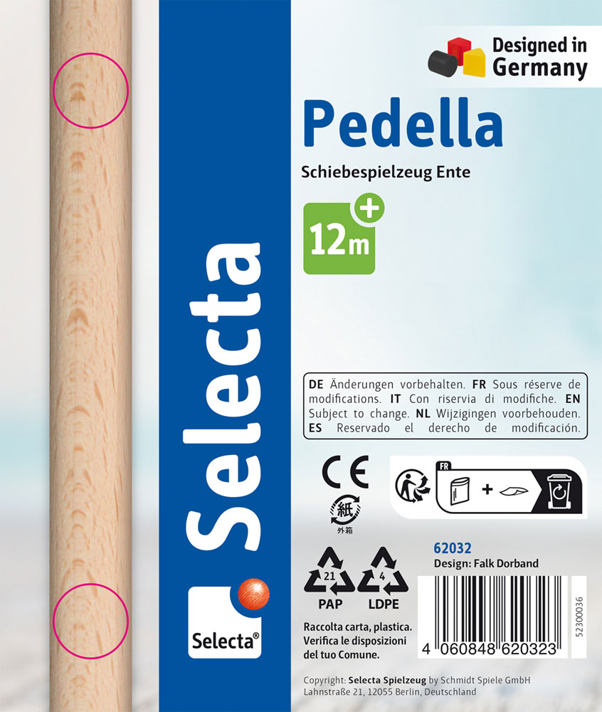 Verpackung für das Selecta Pedella Holz-Schiebespielzeug „Ente“, geeignet für Kinder ab 12 Monaten, entworfen in Deutschland.