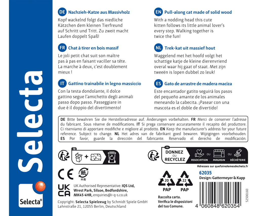 62035_tinka-holz-spielzeug-p-bottom Verpackungsrückseite mit mehrsprachigen Beschreibungen zum „Holz Nachziehtier Katze“, Produktdetails und einem Barcode am unteren Rand.