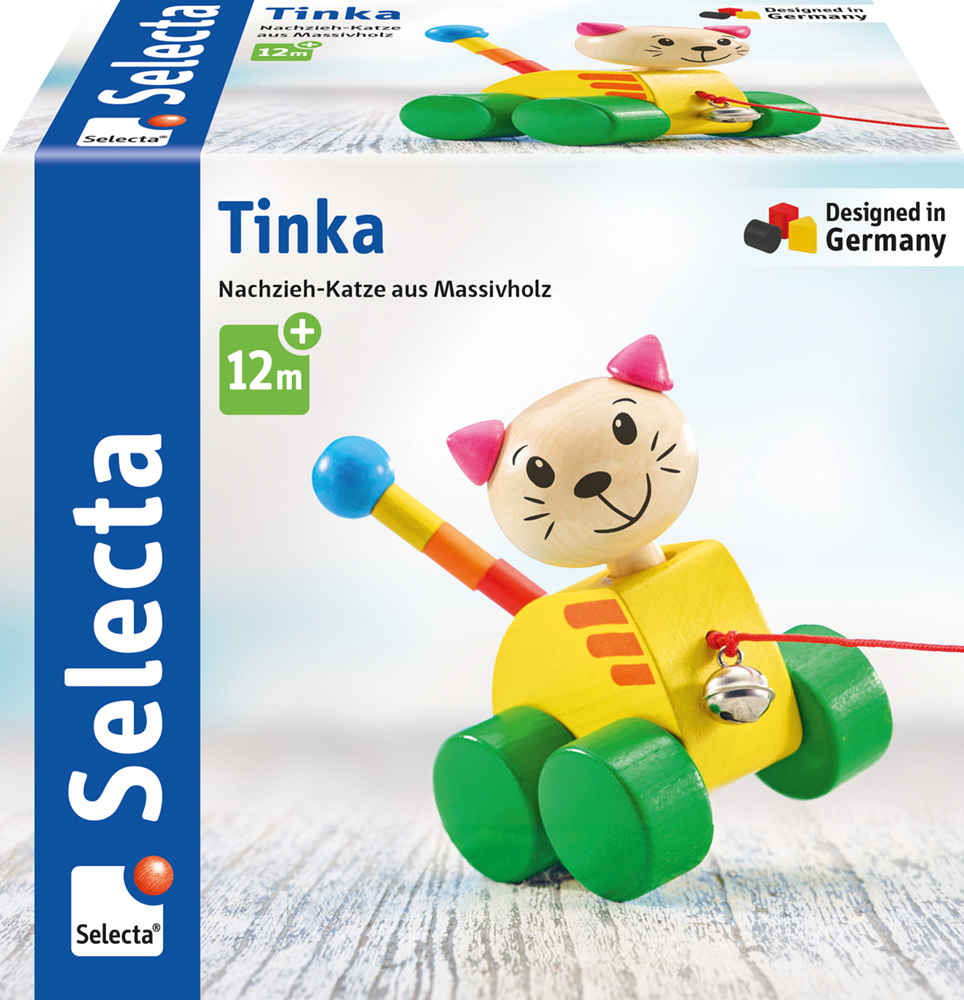 62026_Nico_FS33_042022-RZ Kopie Verpackung eines Holz-Nachziehtiers „Katze“ namens Tinka, für Kinder ab 12 Monaten, von Selecta, hergestellt in Deutschland.