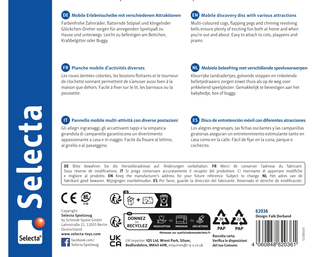 62036_minitivity-holz-spielzeug-p-bottom Produktverpackung mit Selecta-Logo, Details zur „Erlebnisscheibe“ von Holz Motorikspielzeug sowie Informationen zum Recycling.