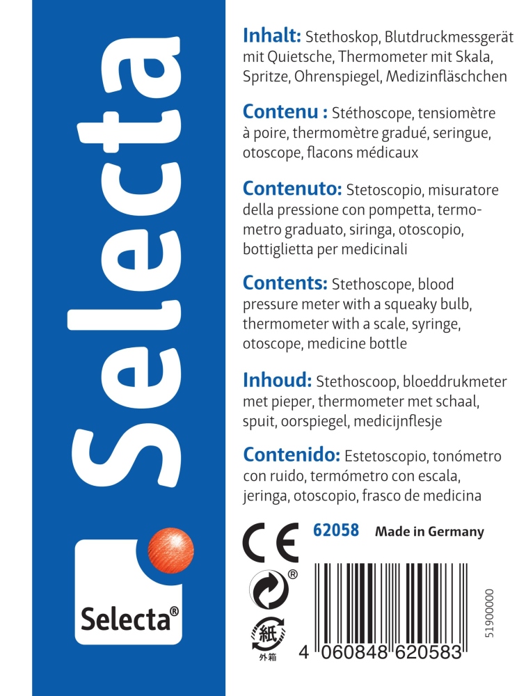 Produktetikett für den „Selecta Holz Arztkoffer Kinder“ mit einer Auflistung der medizinischen Instrumente in sechs Sprachen; Barcode an der Seite.