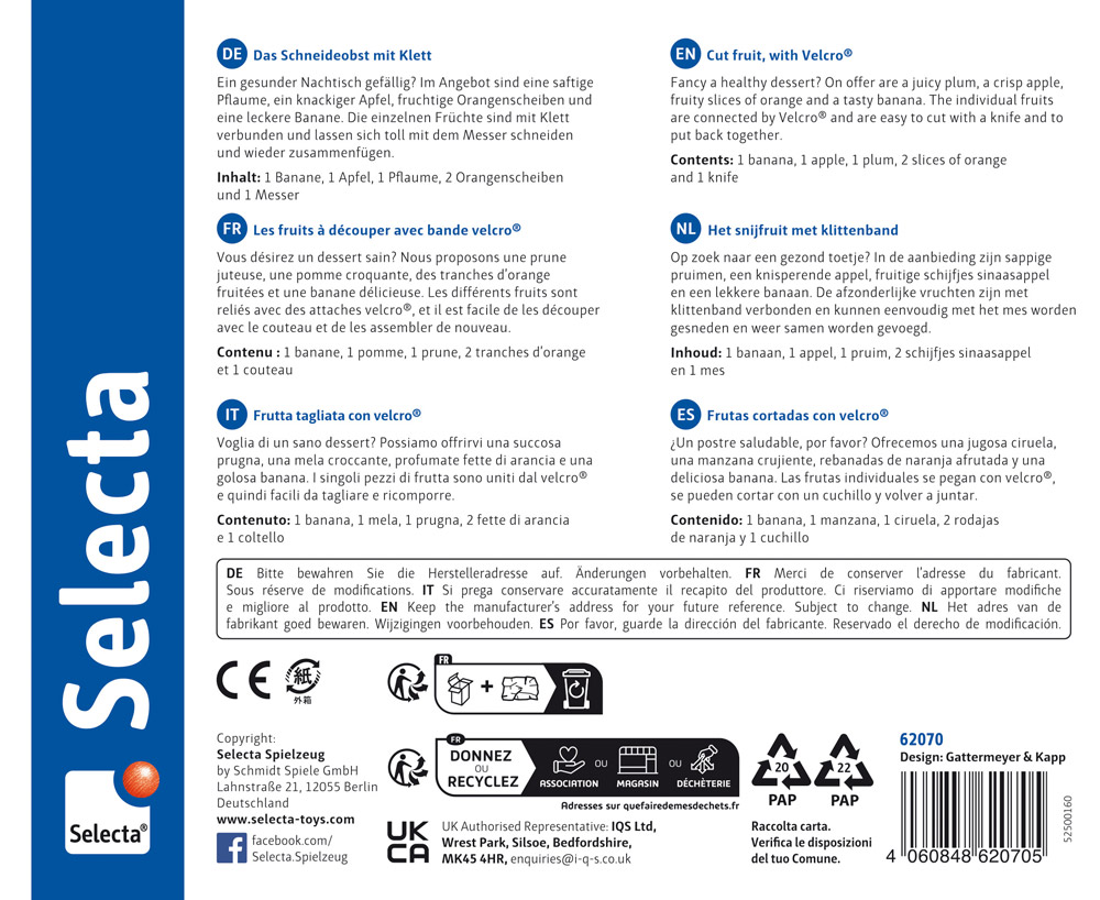 Produktverpackung für das Selecta Schneideobst-Spielzeugmesserset mit fünf Sprachen und Recycling-Symbolen auf Weiß.