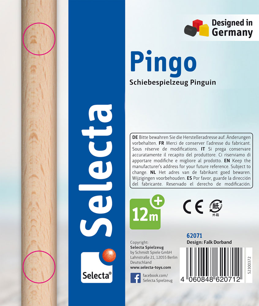 62071_pingo-holz-spielzeug-p-side Etikett für „Pingo Holz Schiebefigur Pinguin“ – Schiebespielzeug, ab 12 Monaten, hergestellt in Deutschland von Selecta.