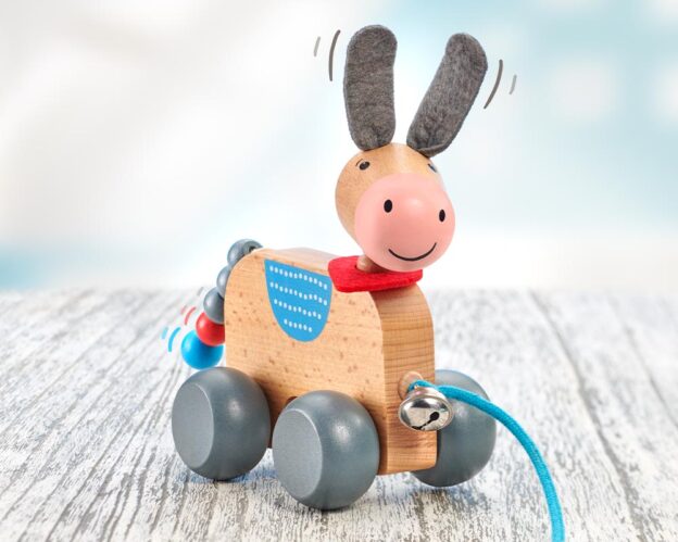 Pepino, der bunter Nachzieh-Esel aus Holz mit Glocke.