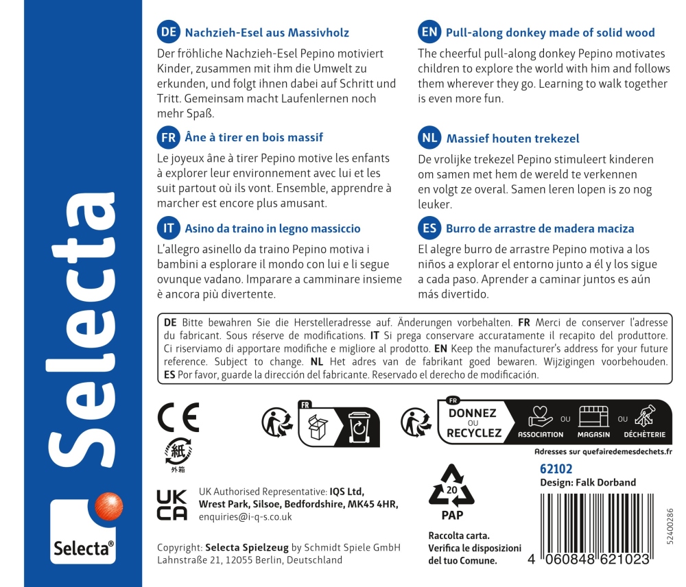 62102_pepino-esel-holz-spielzeug-p-bottom Produktverpackung für das Selecta-Holzspielzeug „Nachzieh-Esel“ mit viersprachigen Angaben und Recycling-Symbolen.