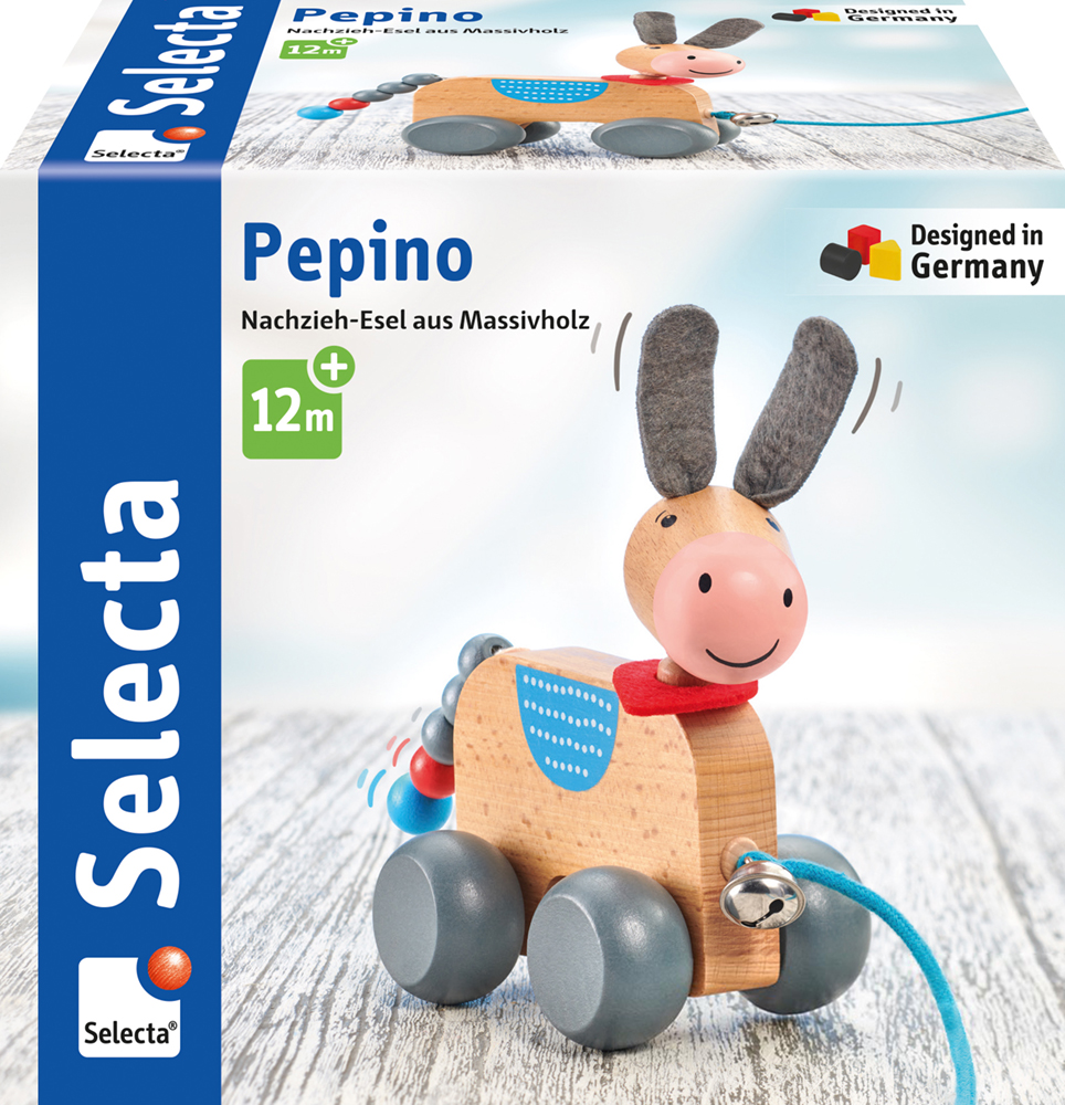 62026_Nico_FS33_042022-RZ Kopie Verpackung des Holz-Zieh-Esel „Pepino“ – Holz-Esel für Kinder ab 12 Monaten, entworfen von Selecta in Deutschland.