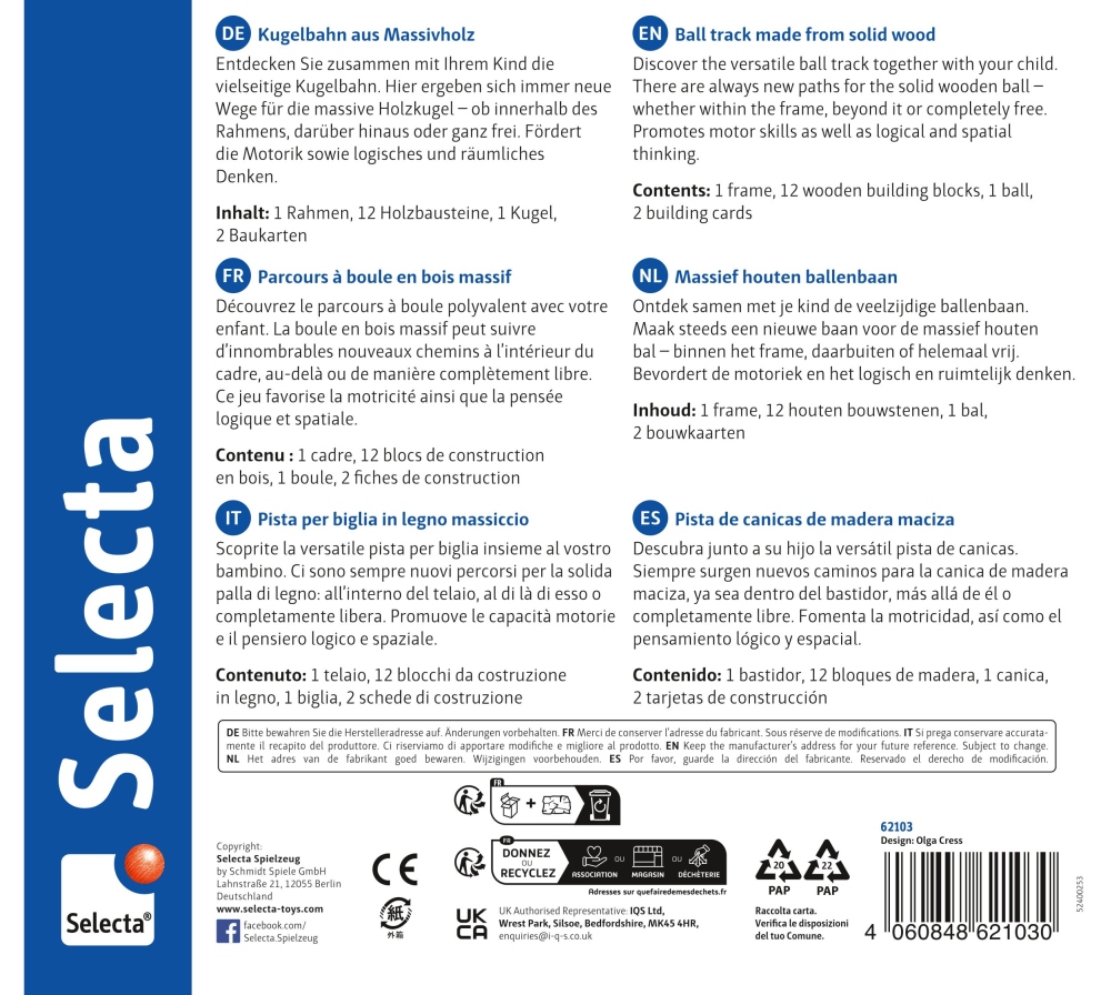 Rückseite einer Selecta-Spielzeugkiste mit Informationen zur Kugelbahn in fünf Sprachen und blau-weißem Produkttext.