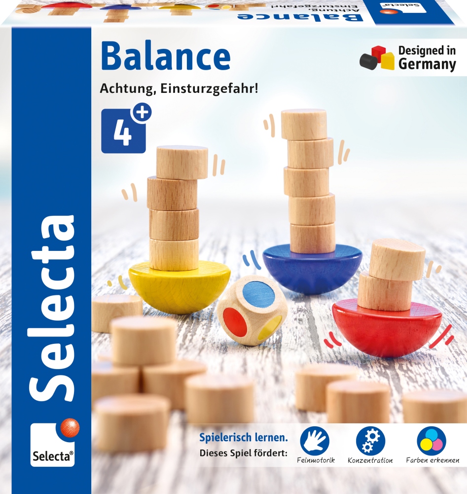 63005_Faedelraupe_ST05_Deckel_07_2019 Holz-Balancespiel Geschicklichkeit: Stapelspiel aus Holz mit Blöcken, farbigen Sockeln, Würfeln und einer deutschen Anleitung.