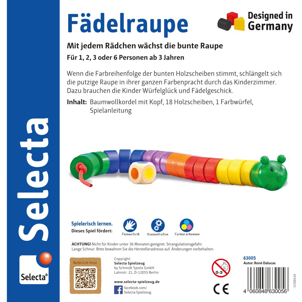 Verpackung für das farbenfrohe Spielzeug „Holz Farblernspiel Fädel Raupe“ von Selecta, geeignet für Kinder ab 3 Jahren.