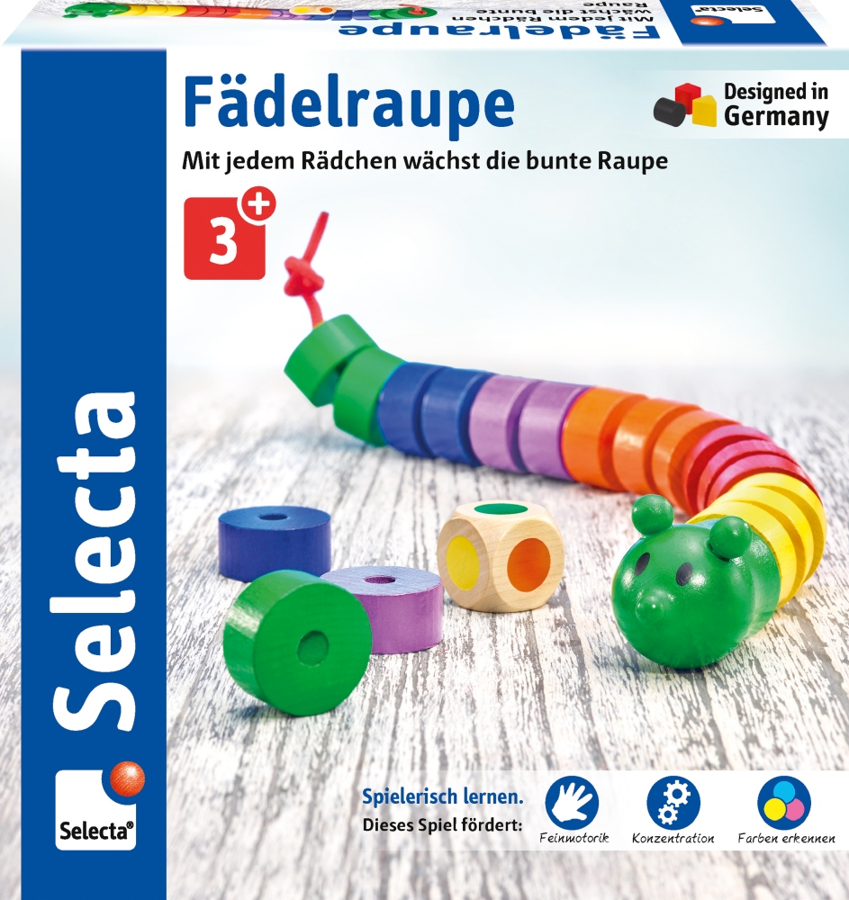 Das bunte Holz-Farblernspiel „Fädel-Raupe“ mit Fädelperlen, ab 3 Jahren, von Selecta, vor hellem Hintergrund.