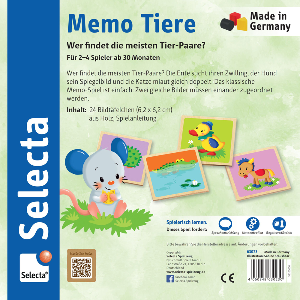 63023_memo-tiere-holz-spielzeug-p-bottom Schachtel für das Spiel „Holz Memo Tiere“ mit Comic-Tieren und deutschen Informationen auf blauem Hintergrund.