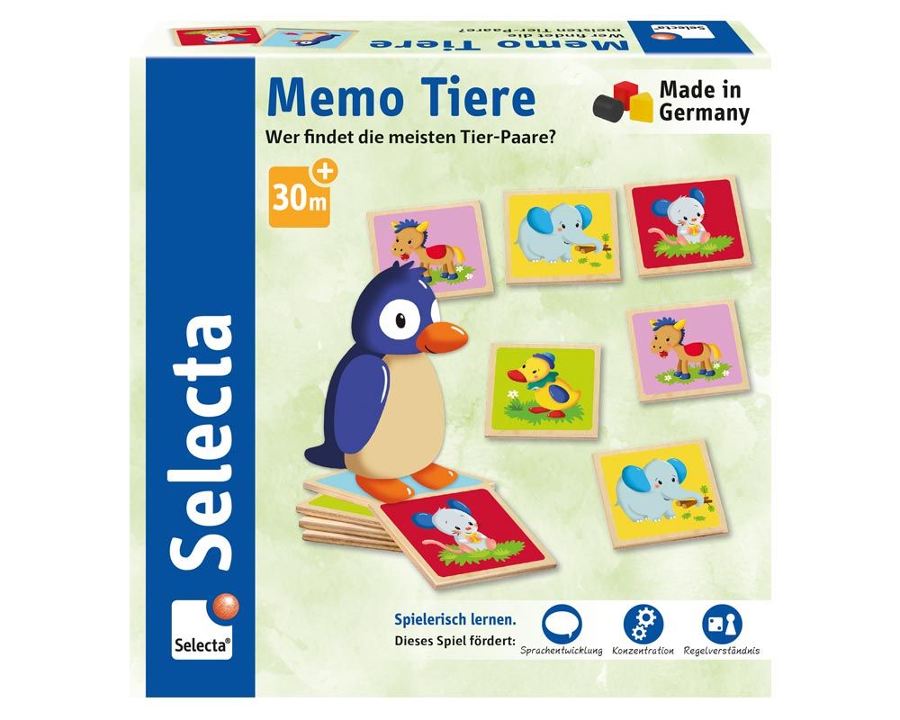 63023_memo-tiere-holz-spielzeug-p Spiel „Holz Memo Tiere“ in einer Schachtel mit Tierkarten und einer Pinguinfigur, hergestellt in Deutschland, für Kinder ab 30 Monaten.