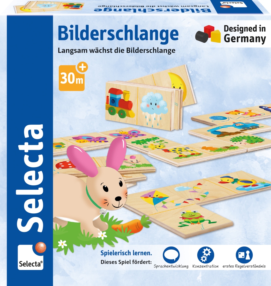 63001_Balance_ST05_Deckel_07_2018_OT Eine Schachtel mit dem Spiel „Bilderschlange“, auf der Holzplättchen, ein Cartoon-Hase und das Selecta-Logo zu sehen sind.