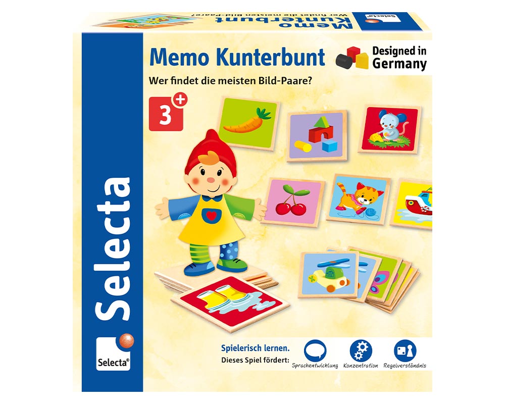Verpackung vom Holz Spielzeug Memo Kunterbunt Spiel.