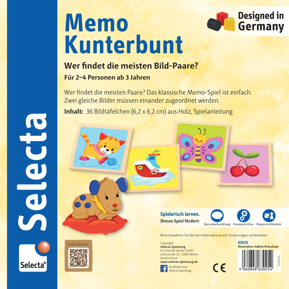 63025_memo-kunterbund-holz-spielzeug-p-bottom Memo-Holz-Spieleschachtel mit bunten Tier- und Gegenstandskarten, Selecta-Logo und einer Spielanleitung in deutscher Sprache.