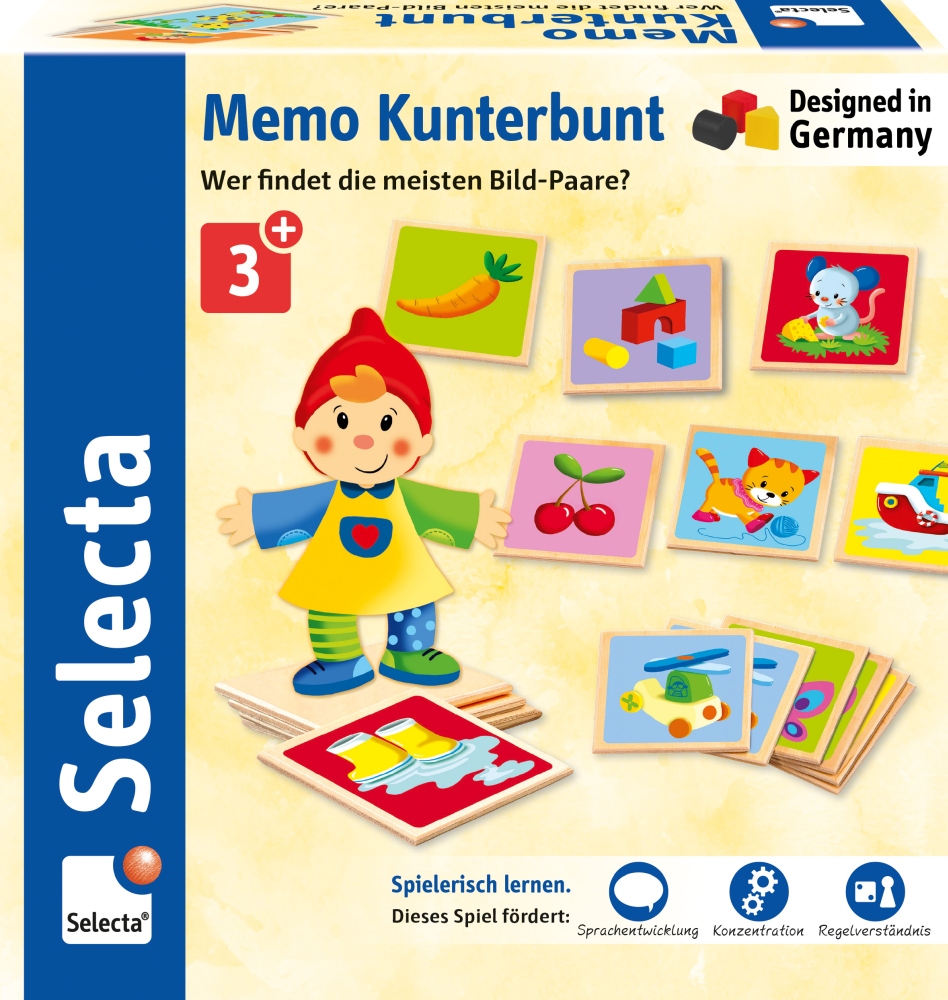 63001_Balance_ST05_Deckel_07_2018_OT Schachtel mit dem Memo-Holz-Memory-Spiel, mit einem Comic-Mädchen und bunten Karten mit Tieren und Gegenständen.