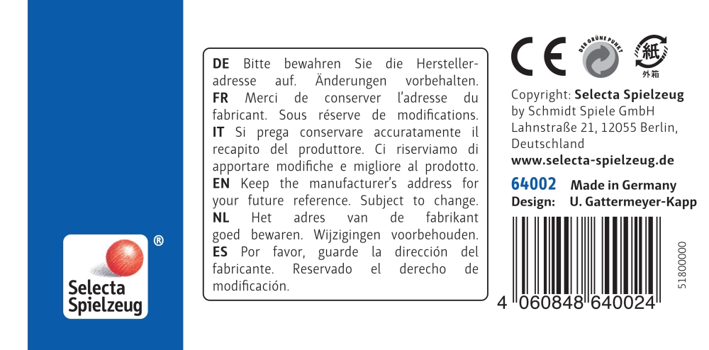 64002_gluecksgriff-grau-holz-spielzeug-p-bottom Produktetikett für „Holz Greifling grau“ mit Gebrauchsanweisung in fünf Sprachen, Herstellerangaben und Barcode.