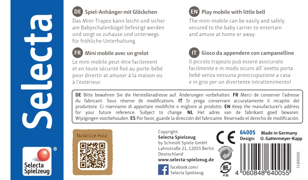 64005_wolken-spass-holz-spielzeug-p-bottom Produktetikett für das Spielzeug „Selecta Holz Minitrapez grau“, enthält eine Gebrauchsanweisung in vier Sprachen sowie Kontaktdaten.