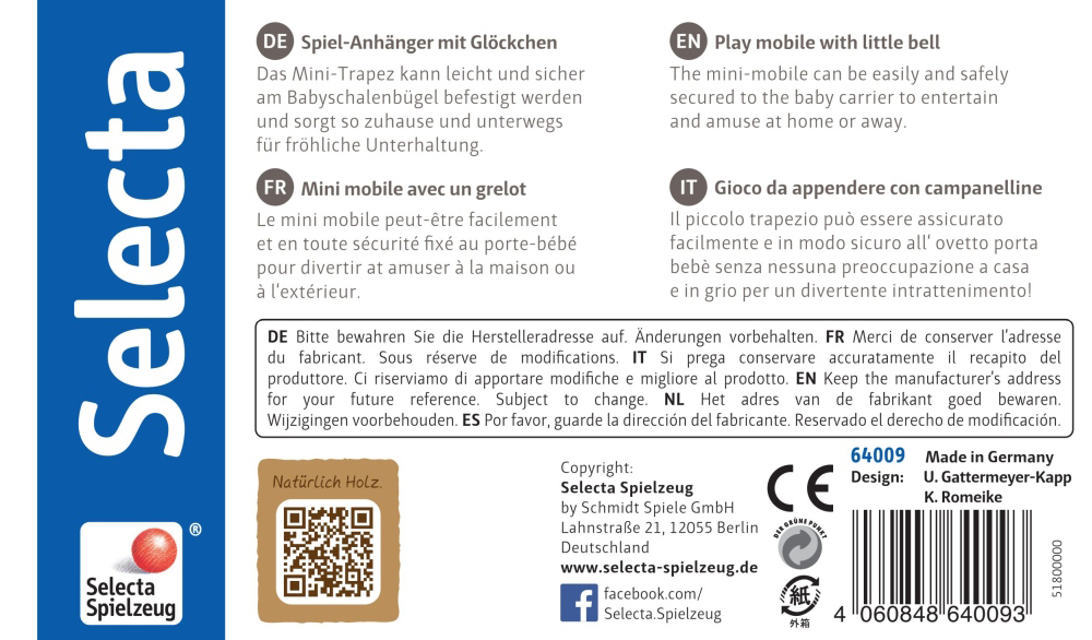 64009_sternchen-spass-holz-spielzeug-p-bottom Produktetikett für das Babyspielzeug „Holz-Minitrapez rosa“ von Selecta Spielzeug in Deutsch, Französisch, Englisch und Italienisch.