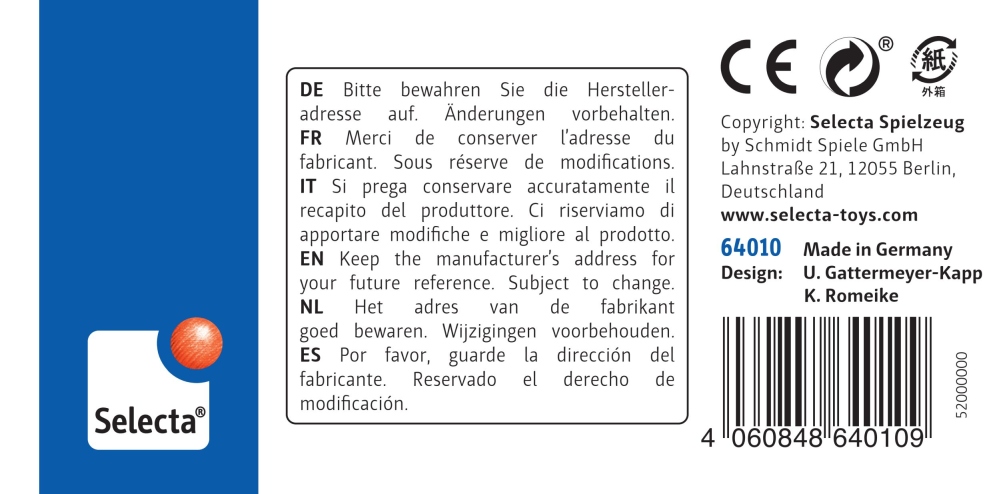 64010_gluecksgriff-blau-holz-spielzeug-p-bottom Etikett mit Aufbewahrungshinweisen in 6 Sprachen, Unternehmensangaben, Barcode sowie dem „Holz Greifling blau Selecta“-Logo.