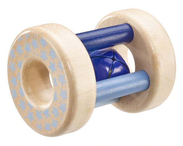 Sternchenflitzer, eine blaue rollende Holzrassel mit Glöckchen von bellybutton.