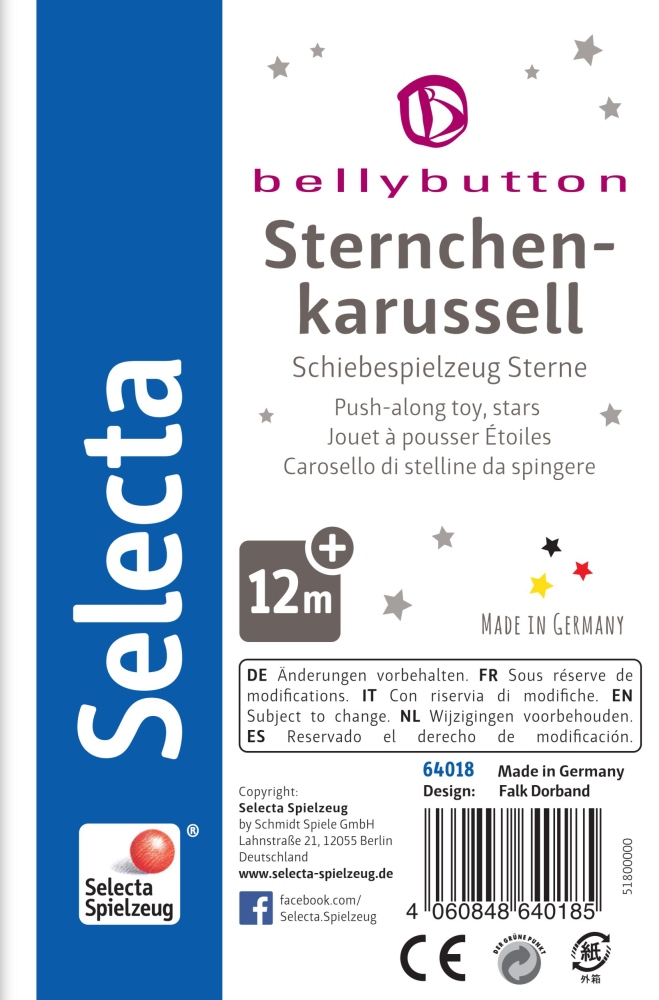64018_sternchenkarusell-holz-spieltezeug-p-bottom Spielzeugverpackung für ein Sternkarussell „Holz Schiebefigur“ (Schiebespielzeug), gekennzeichnet mit „12m+“, in mehreren Sprachen.