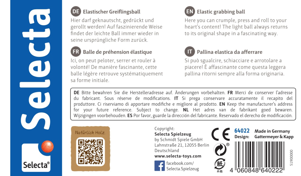 64022_sternentanz-blau-holz-spielzeug-p-bottom Produktetikett für das Selecta-Spielzeug „Sternentanz“ mit Beschreibungen auf Deutsch, Englisch, Französisch und Italienisch, einem Barcode sowie weiteren Informationen.