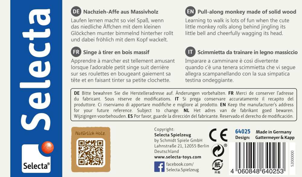 64025_aeffchentanz-holz-spielzeug-p-bottom Etikett für ein „Selecta Nachzieh-Affe“-Spielzeug mit mehrsprachigen Produktinformationen und den Kontaktdaten des Herstellers.