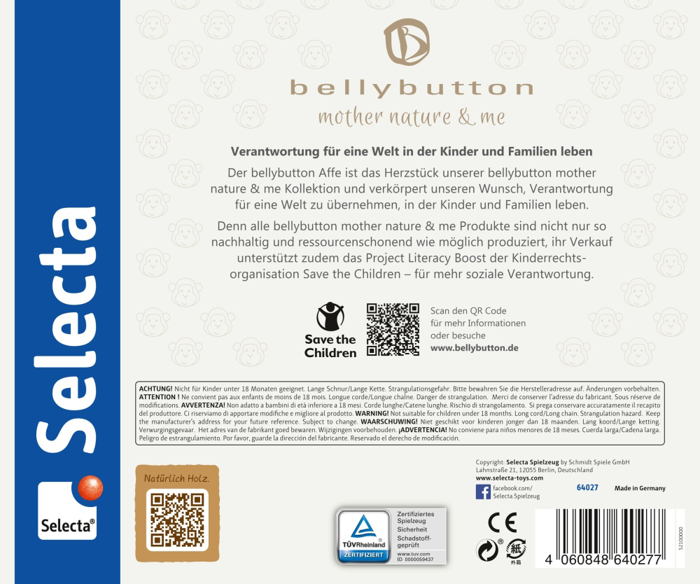 64027_zappelaeffchen-holz-spielzeug-p-bottom Produktverpackung für Zappeläffchen-Bauchnabel-Spielzeuge mit deutschem Text, Logos und QR-Code auf weißem Hintergrund.