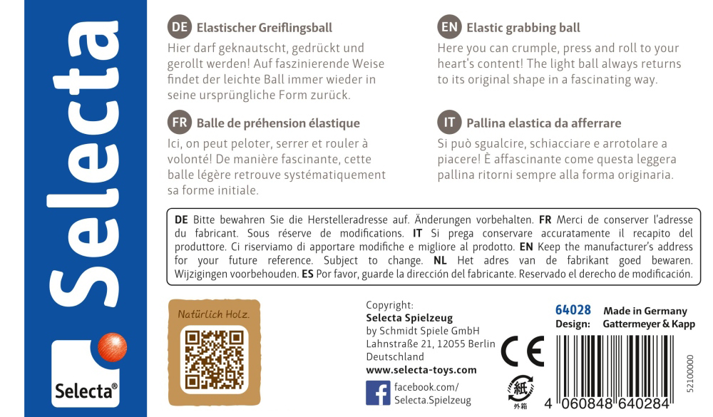 64028_wolkentanz-holz-spielzeug-p-bottom Selecta „Wolkentanz“-Spielzeugverpackung mit mehrsprachiger Beschreibung des elastischen Greifballs und dem „Natürlich Holz“-Siegel.